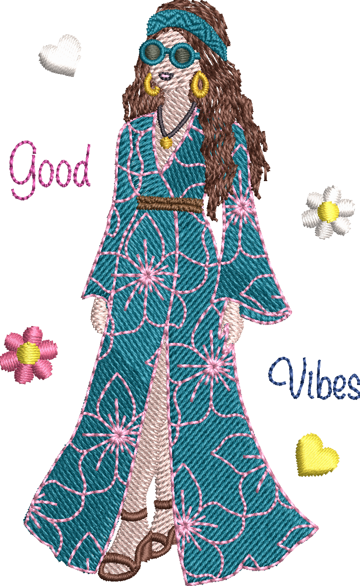 Motif de broderie Femme Hippie Good Vibes en robe longue fleurie avec lunettes rétro, bandeau, fleurs et cœurs au format 10x10