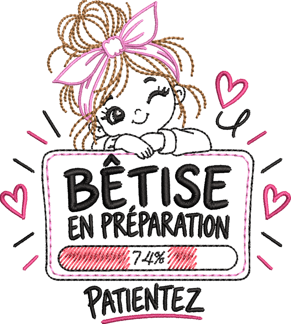 Bêtise en Préparation – petite fille malicieuse avec grand nœud rose et barre de chargement à 74 % – motif broderie machine 10x10