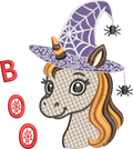 Licorne Halloween avec chapeau de sorcière, toile et araignées – motif de broderie machine 10x10