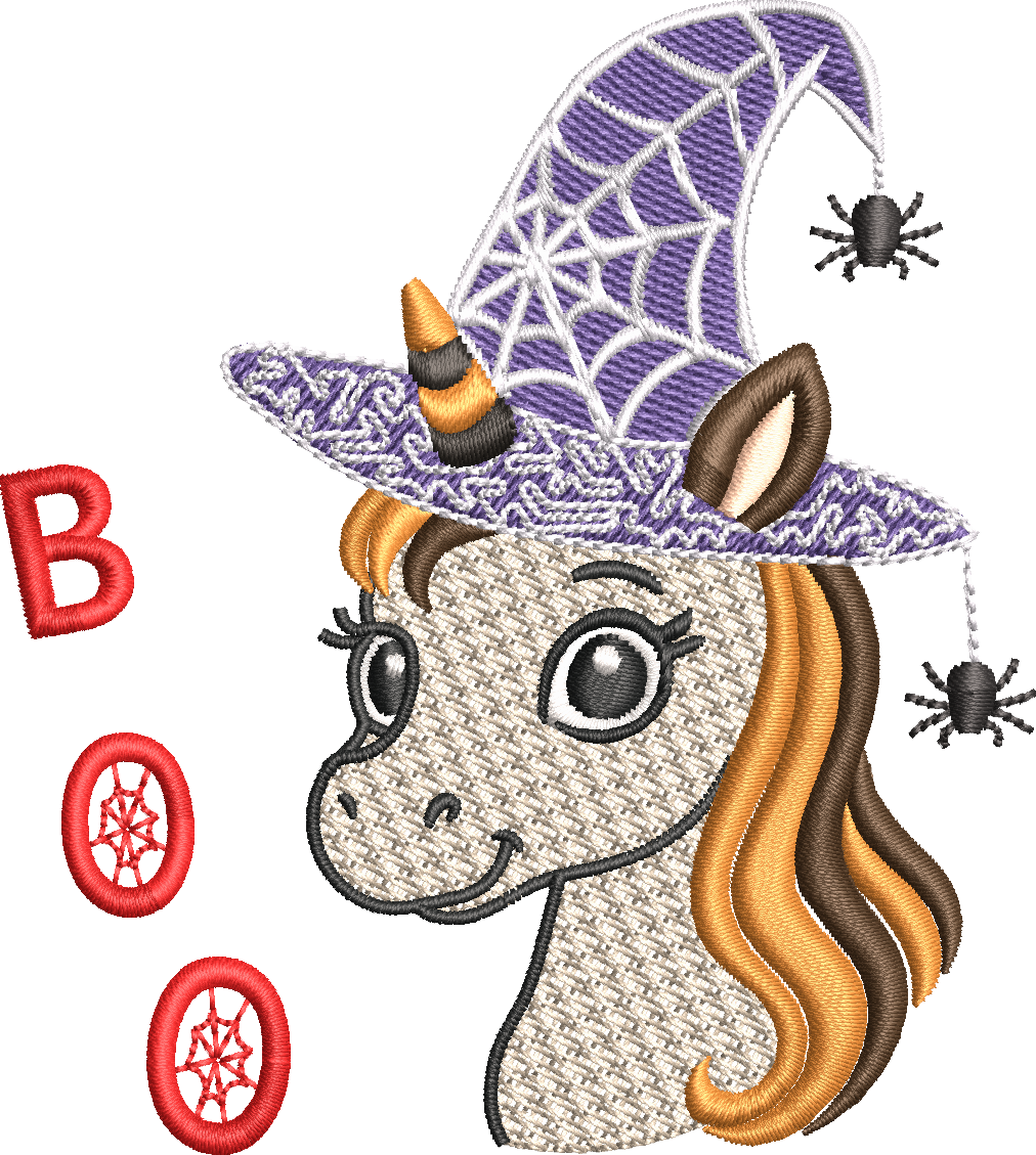 Licorne Halloween avec chapeau de sorcière, toile et araignées – motif de broderie machine 10x10