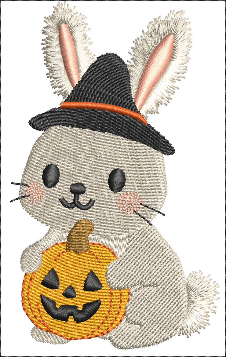 Lapin Halloween avec chapeau de sorcière et citrouille – motif de broderie machine 10x10