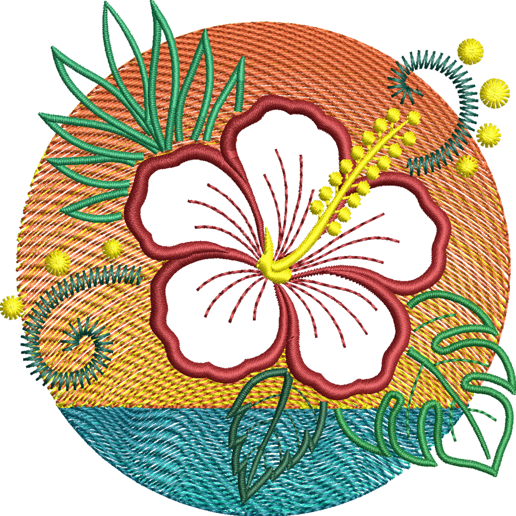 Motif de broderie Hibiscus en appliqué sur coucher de soleil et océan avec effet vagues brodées – Formats 10x10, 15x15 et 18x13 AK Broderie