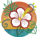 Motif de broderie Hibiscus en appliqué sur coucher de soleil et océan avec effet vagues brodées – Formats 10x10, 15x15 et 18x13 AK Broderie