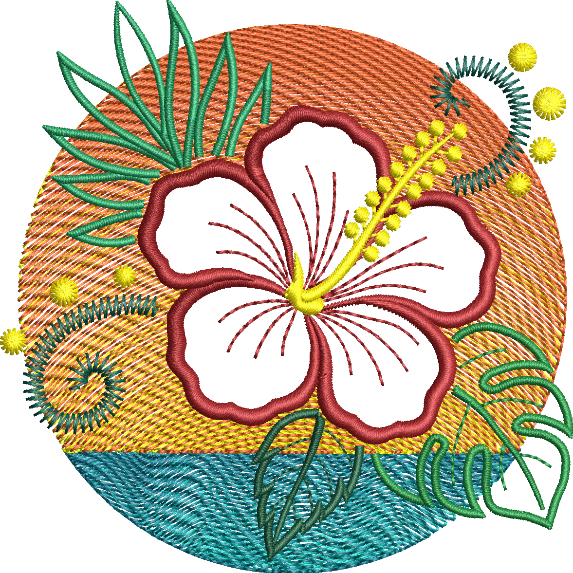 Motif de broderie Hibiscus en appliqué sur coucher de soleil et océan avec effet vagues brodées – Formats 10x10, 15x15 et 18x13 AK Broderie