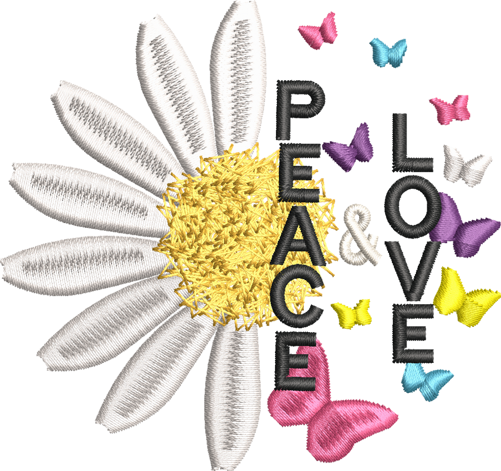 Motif de broderie machine Peace & Love avec marguerite blanche, cœur en point fourrure et papillons colorés format 10x10