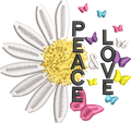 Motif de broderie machine Peace & Love avec marguerite blanche, cœur en point fourrure et papillons colorés format 10x10