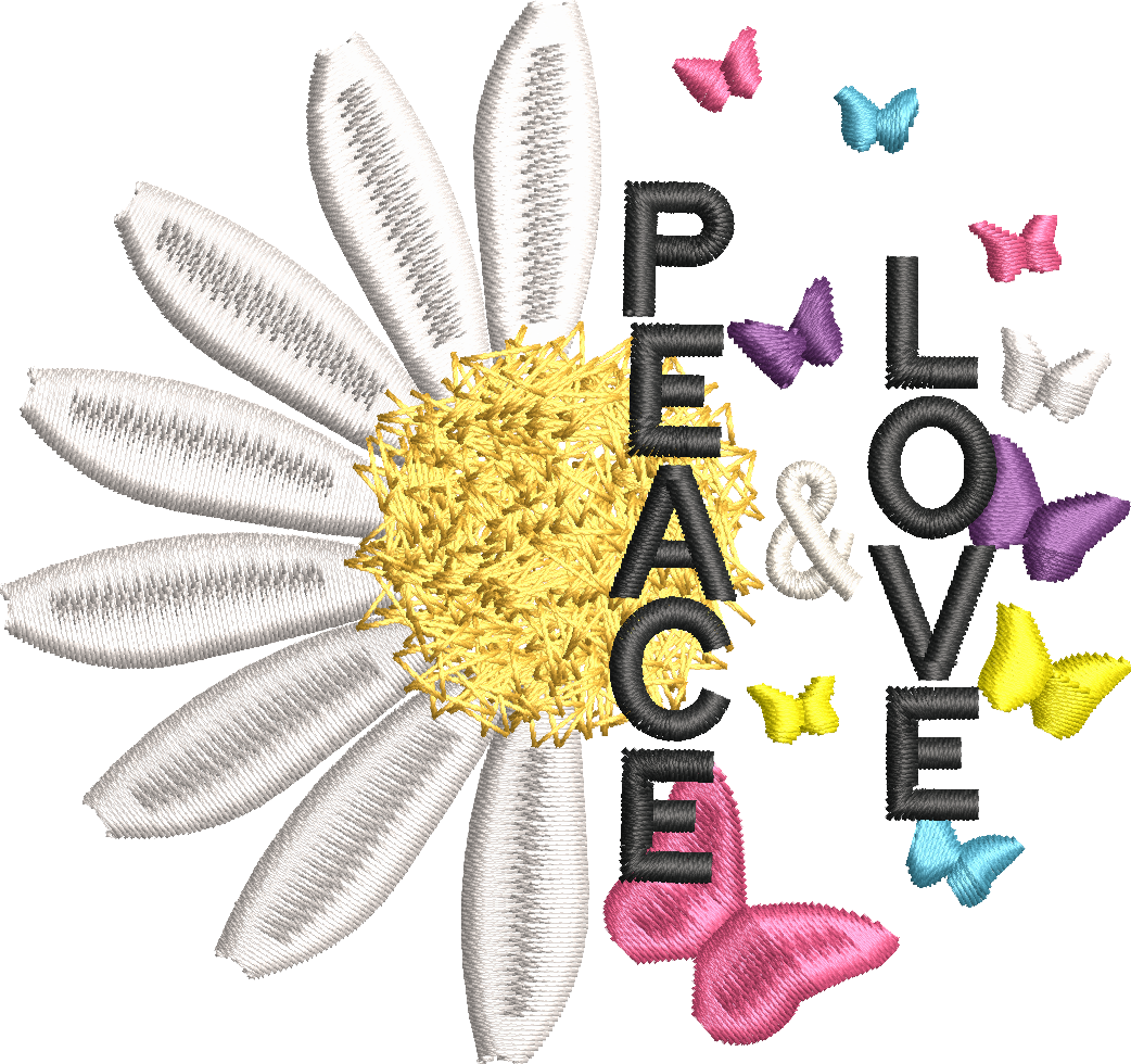 Motif de broderie machine Peace & Love avec marguerite blanche, cœur en point fourrure et papillons colorés format 10x10