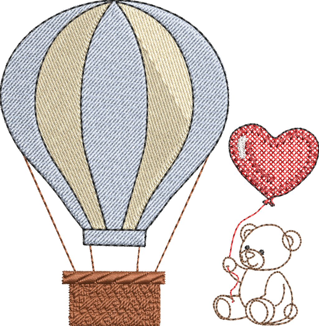 Montgolfière & Nounours au Ballon Cœur | Motif Broderie Naissance et Baptême