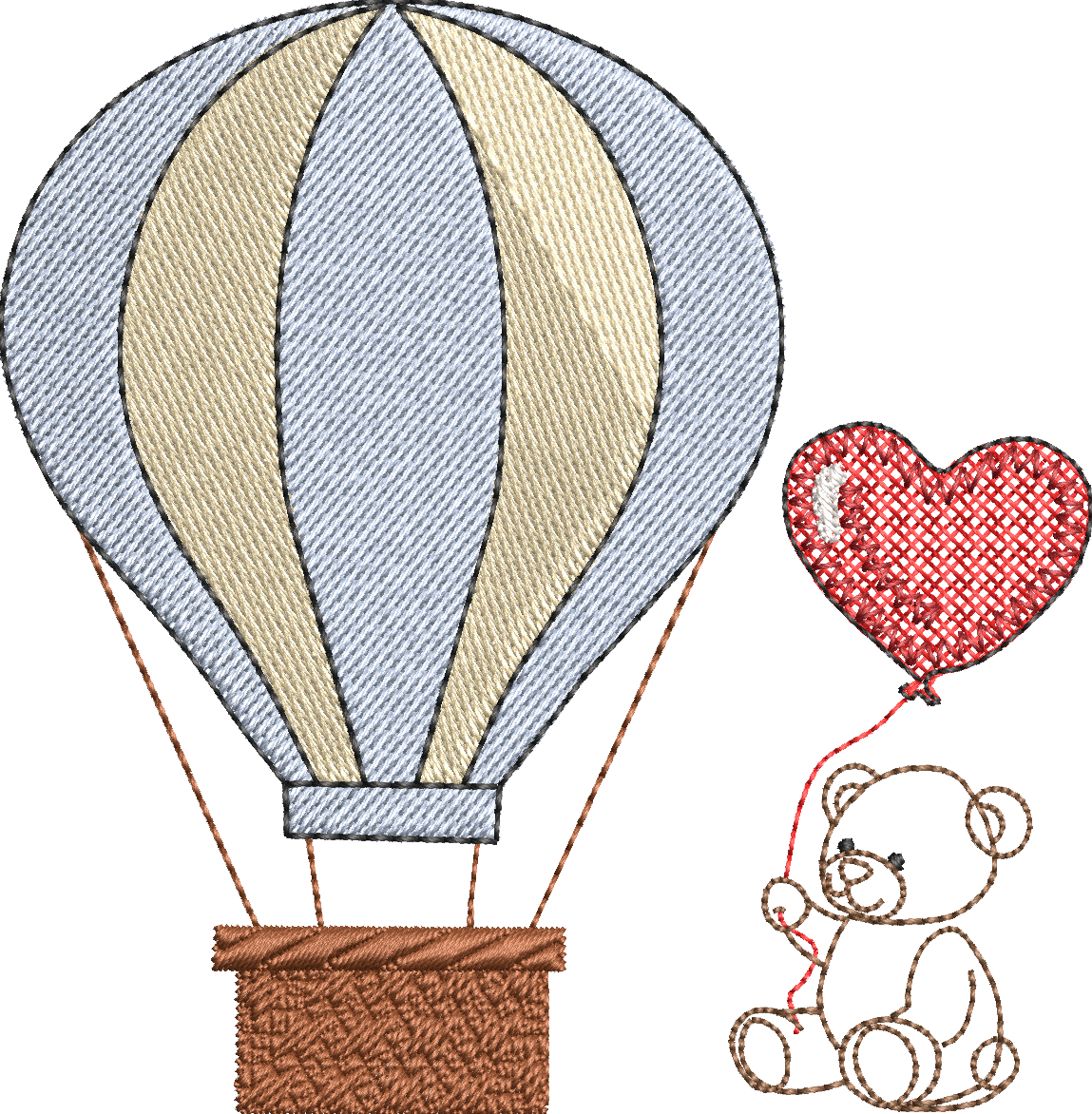 Montgolfière & Nounours au Ballon Cœur | Motif Broderie Naissance et Baptême
