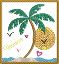 Motif de broderie Vacances au Soleil avec palmier, mer, soleil et cadre effet corde – Format 10x10 AK Broderie