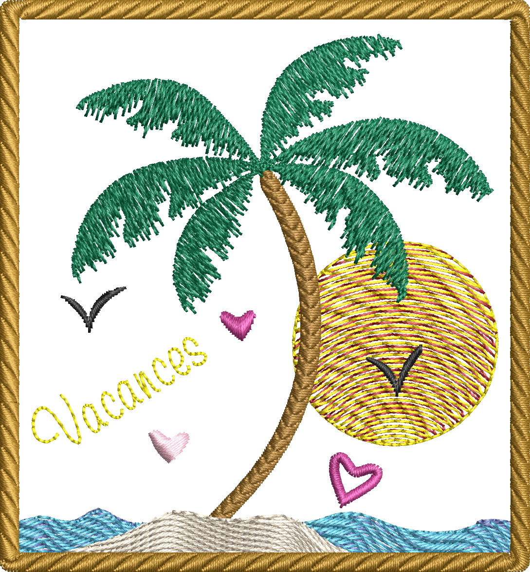 Motif de broderie Vacances au Soleil avec palmier, mer, soleil et cadre effet corde – Format 10x10 AK Broderie