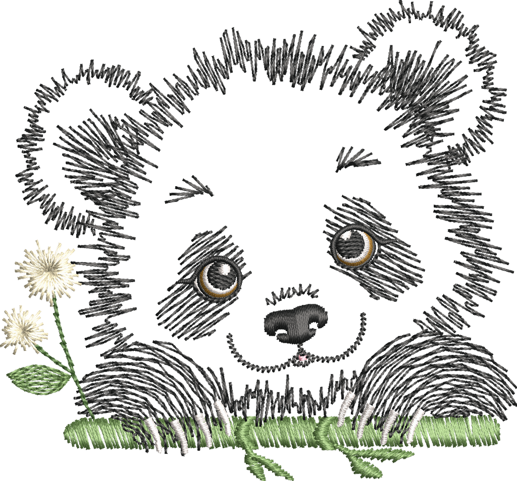 Panda Fleuri – motif de broderie machine texturé entouré de fleurs et feuillages – 4 tailles
