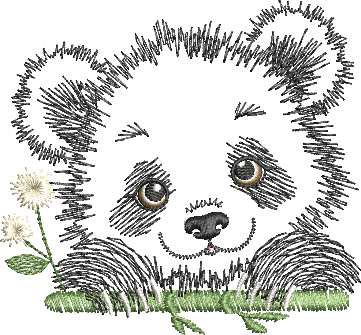 Panda Fleuri – motif de broderie machine texturé entouré de fleurs et feuillages – 4 tailles