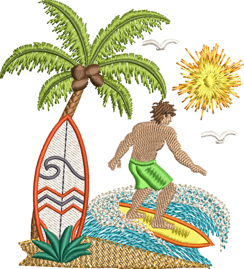 Motif de broderie Surfeur 10x10 avec palmier, planche de surf, vagues, océan et soleil tropical