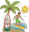 Motif de broderie Surfeur 10x10 avec palmier, planche de surf, vagues, océan et soleil tropical
