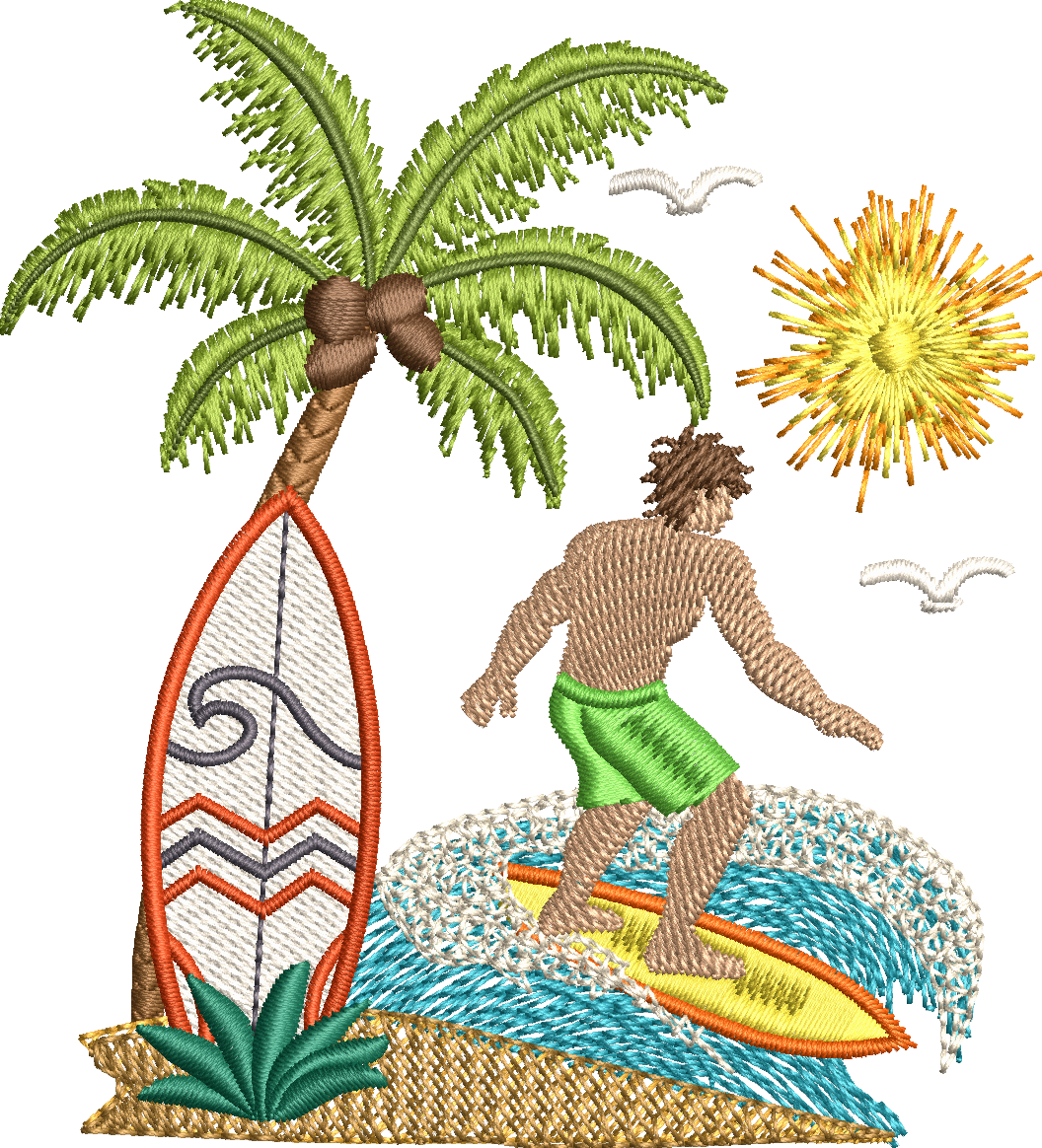 Motif de broderie Surfeur 10x10 avec palmier, planche de surf, vagues, océan et soleil tropical