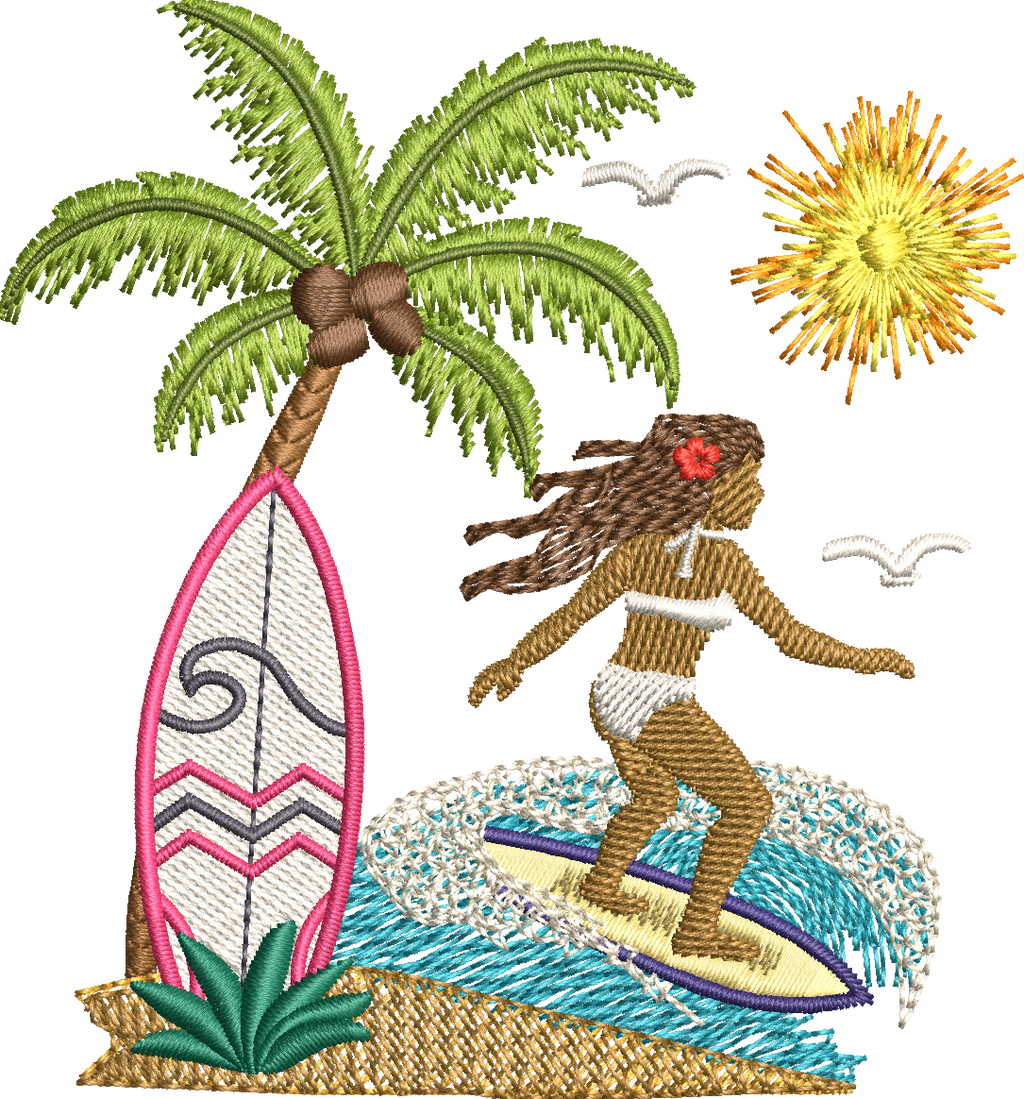 Motif de broderie Surfeuse disponible au format 10x10. Décor tropical avec palmier, planche de surf, océan et soleil, idéal pour une ambiance estivale.
