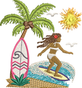 Motif de broderie Surfeuse disponible au format 10x10. Décor tropical avec palmier, planche de surf, océan et soleil, idéal pour une ambiance estivale.
