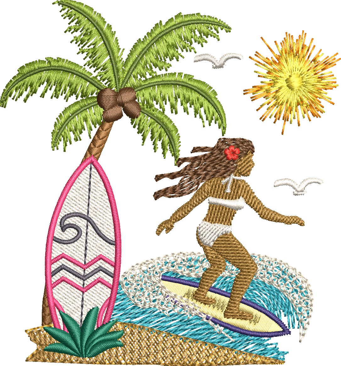 Motif de broderie Surfeuse disponible au format 10x10. Décor tropical avec palmier, planche de surf, océan et soleil, idéal pour une ambiance estivale.
