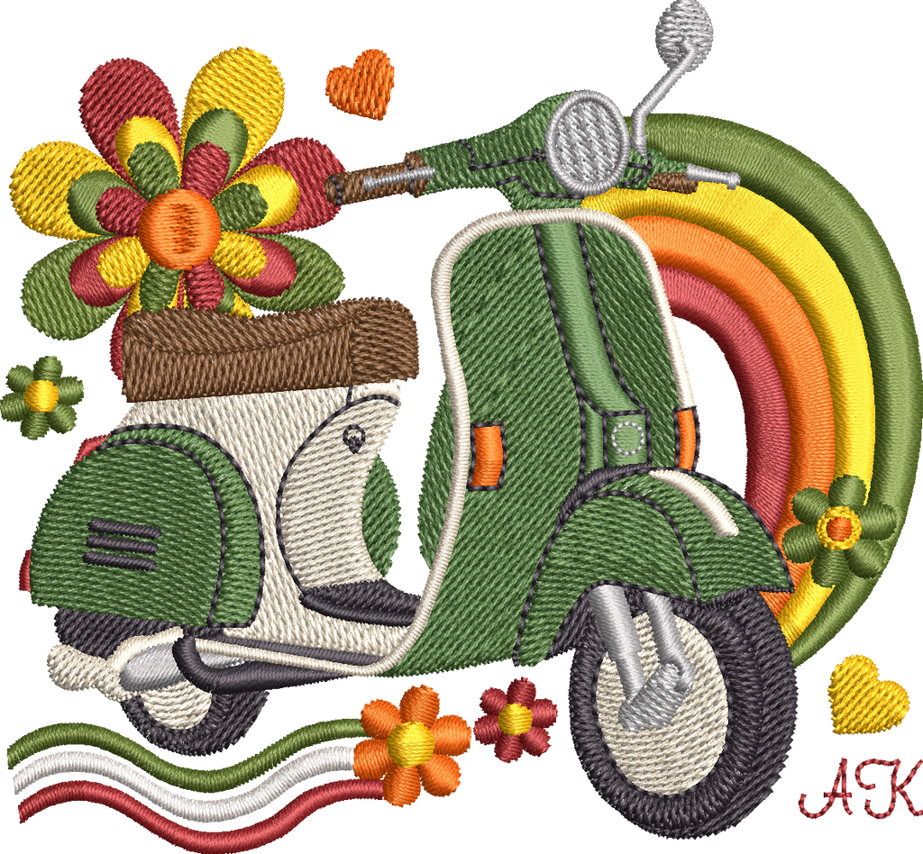Motif de broderie Scooter Dolce Vita vert avec arc-en-ciel, fleurs colorées et détails rétro inspirés des années 70 en format 10x10