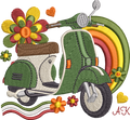 Motif de broderie Scooter Dolce Vita vert avec arc-en-ciel, fleurs colorées et détails rétro inspirés des années 70 en format 10x10