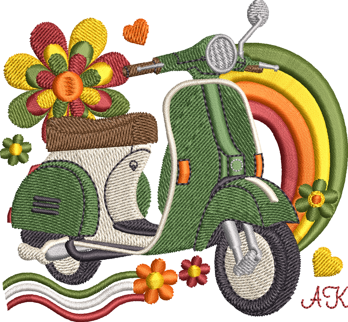 Motif de broderie Scooter Dolce Vita vert avec arc-en-ciel, fleurs colorées et détails rétro inspirés des années 70 en format 10x10