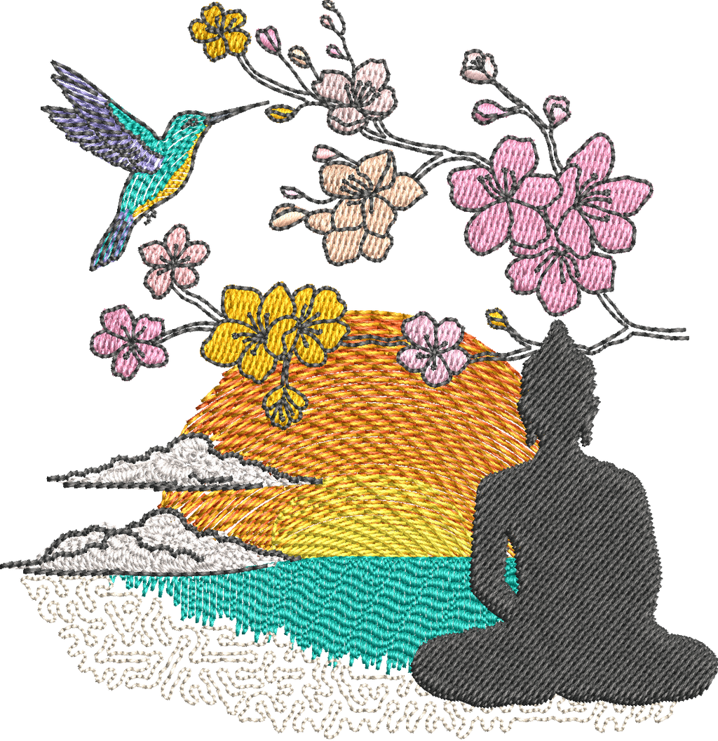 Paysage Zen Bouddha & Sakura Couleurs ou NB - Fichier broderie disponible 10x10, 15x15, 18x13, 20x20 ou 26x16, pack 4 tailles