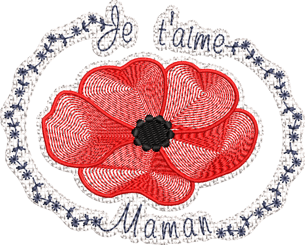 Je t'aime Maman Coquelicot – Motif de broderie - Format disponible 10x10, 15x15, 26x16 ou 20x20 et version embossé ou 13x18, pack 2 tailles