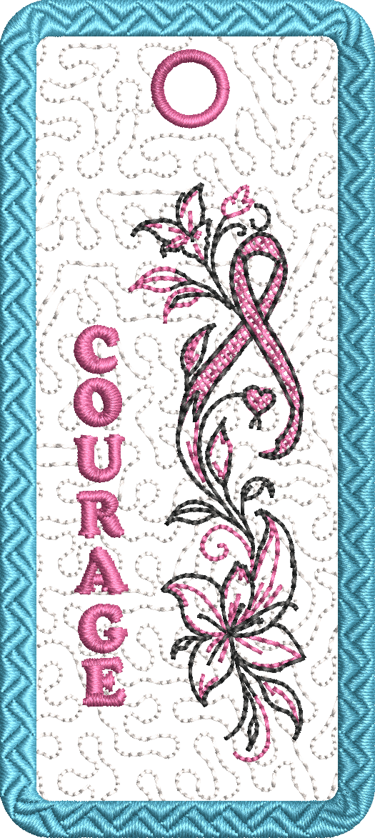 Marque-pages Octobre Rose ITH Guerrière Force Courage et Espoir avec ruban rose et fleurs – motifs de broderie machine 10x10