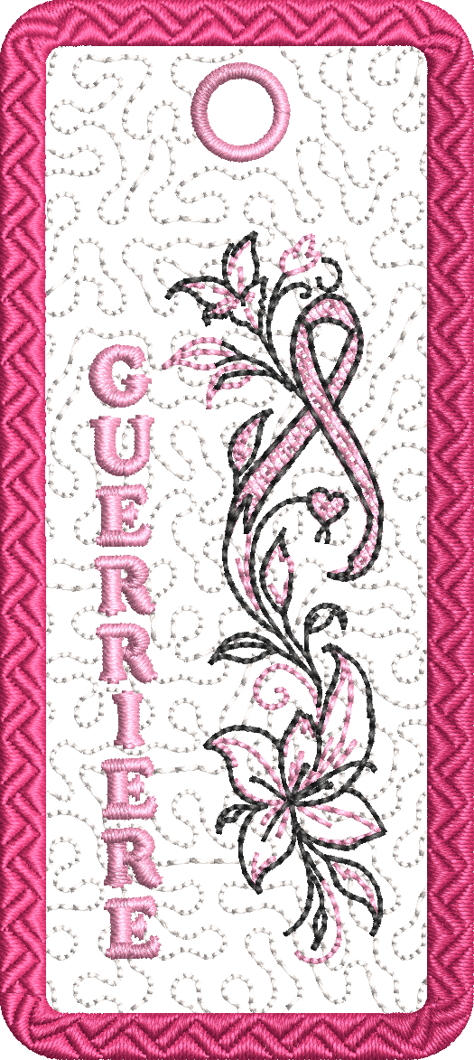 Marque-pages Octobre Rose ITH Guerrière Force Courage et Espoir avec ruban rose et fleurs – motifs de broderie machine 10x10