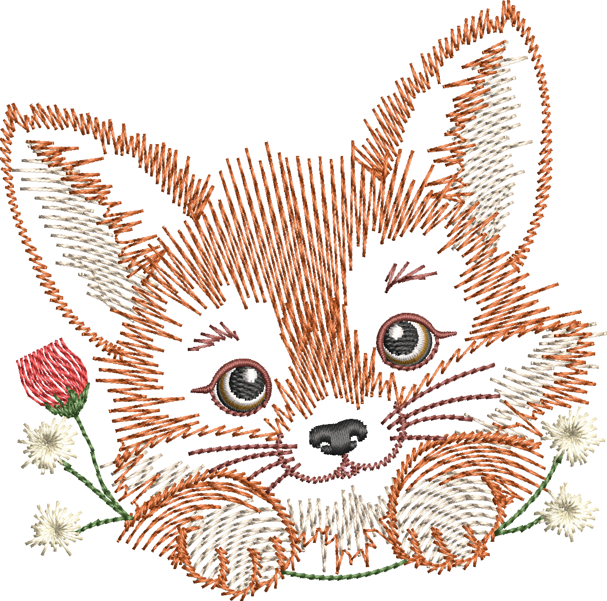 Renard Fleuri – motif de broderie machine texturé entouré de fleurs et feuillages – 4 tailles