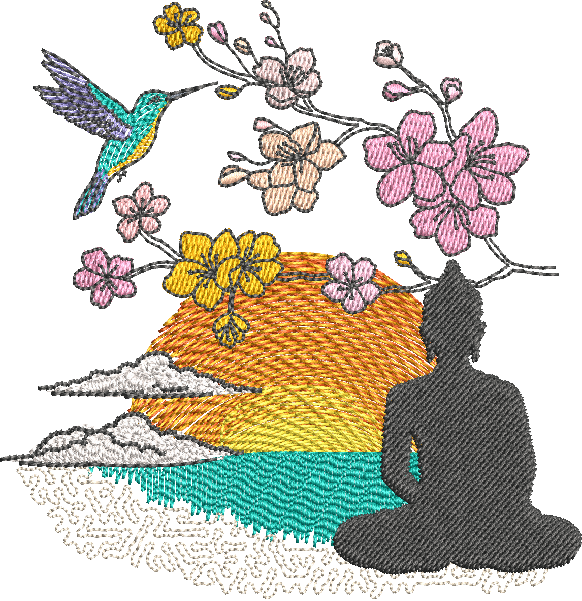 Paysage Zen Bouddha & Sakura Couleurs ou NB - Fichier broderie disponible 10x10, 15x15, 18x13, 20x20 ou 26x16, pack 4 tailles
