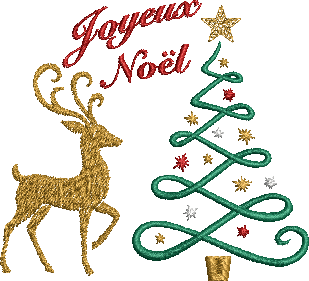 Joyeux Noël avec cerf majestueux et sapin stylisé décoré d’étoiles – motif de broderie machine disponible en version colorée ou dorée