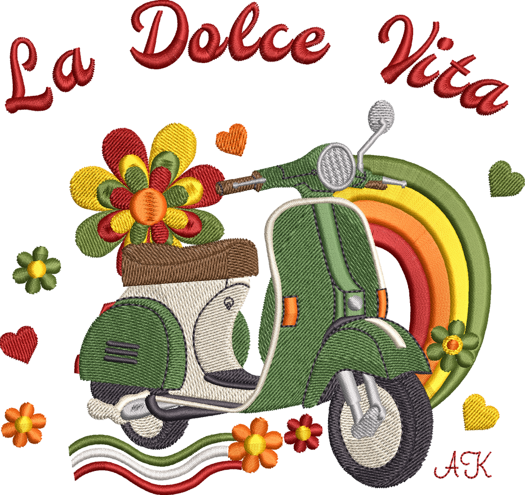 Motif de broderie Scooter Dolce Vita 15x15 avec scooter rétro vert, arc-en-ciel, fleurs colorées, cœurs et lettrage La Dolce Vita