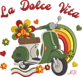 Motif de broderie Scooter Dolce Vita 15x15 avec scooter rétro vert, arc-en-ciel, fleurs colorées, cœurs et lettrage La Dolce Vita