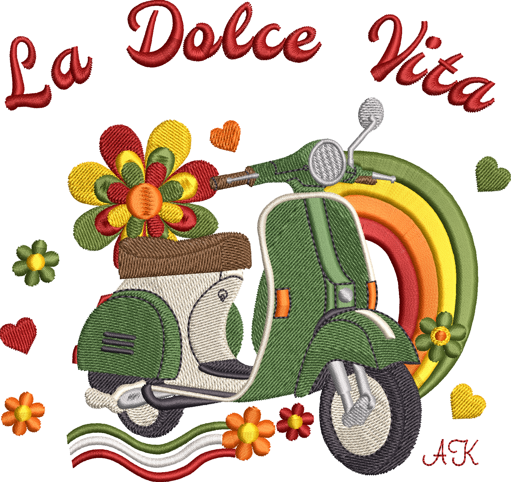 Motif de broderie Scooter Dolce Vita 15x15 avec scooter rétro vert, arc-en-ciel, fleurs colorées, cœurs et lettrage La Dolce Vita
