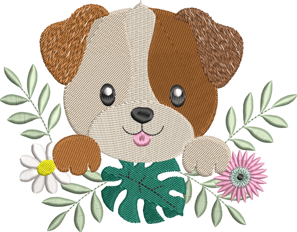 Chien Fleuri entouré de fleurs et feuillages – motif de broderie machine disponible en 3 tailles