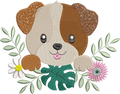 Chien Fleuri entouré de fleurs et feuillages – motif de broderie machine disponible en 3 tailles