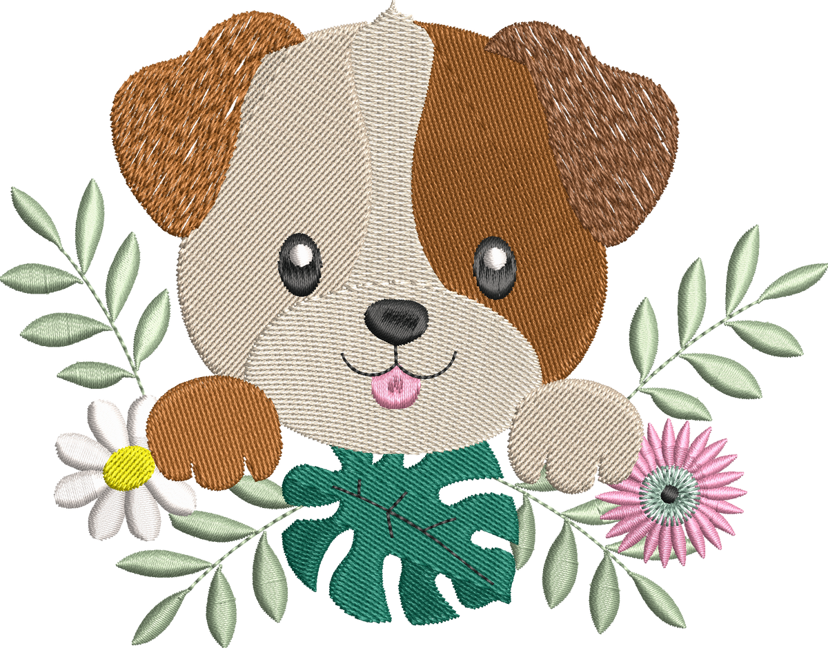 Chien Fleuri entouré de fleurs et feuillages – motif de broderie machine disponible en 3 tailles