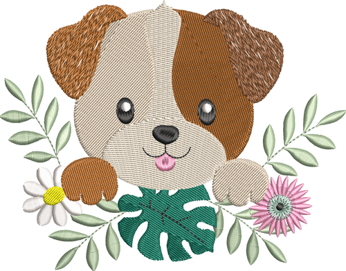 Chien Fleuri entouré de fleurs et feuillages – motif de broderie machine disponible en 3 tailles