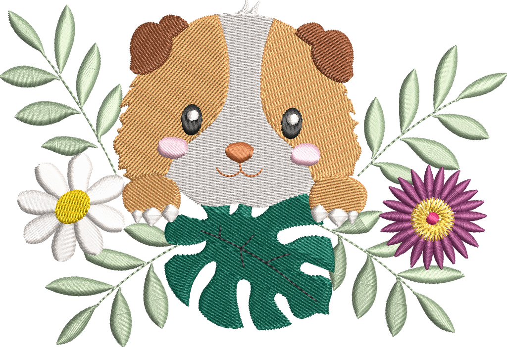Cobaye Fleuri entouré de fleurs et feuillages – motif de broderie machine disponible en 3 tailles