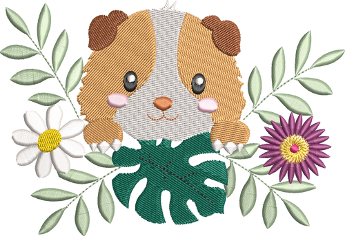 Cobaye Fleuri entouré de fleurs et feuillages – motif de broderie machine disponible en 3 tailles