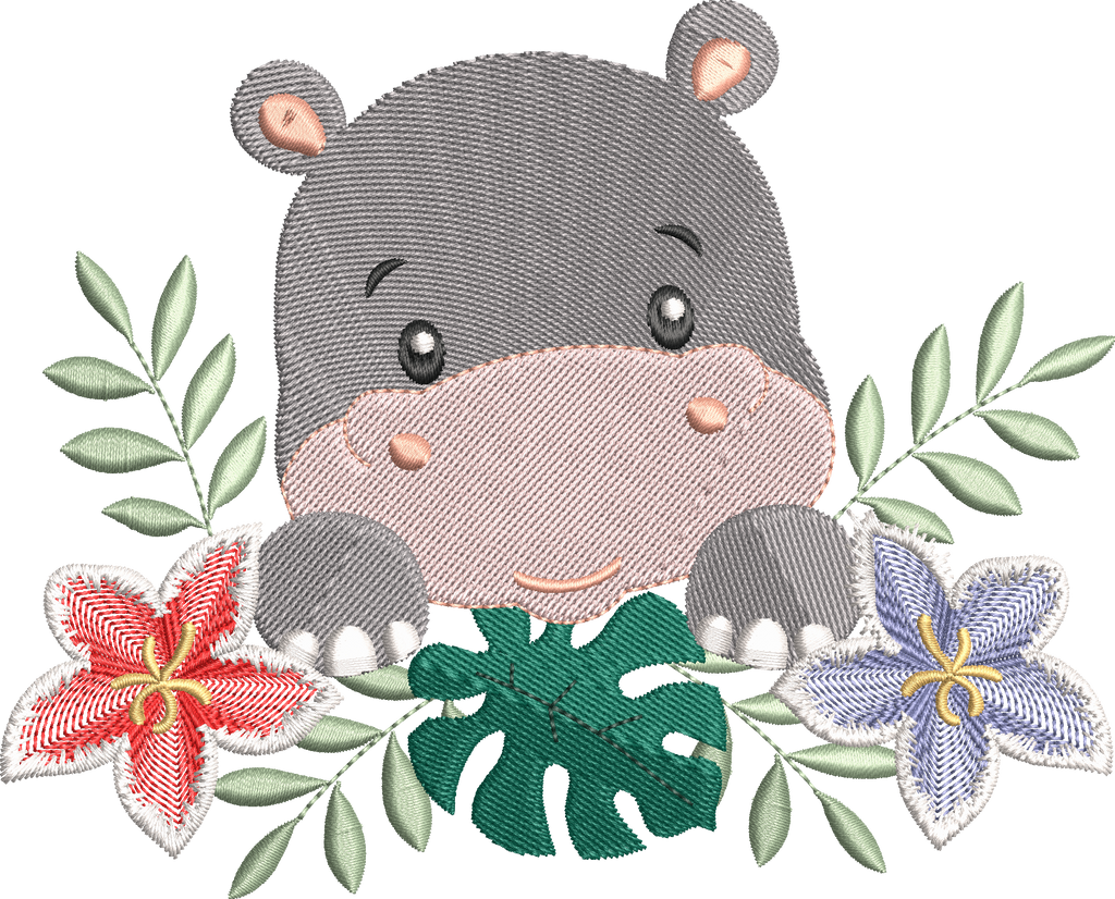 Hippopotame Fleuri Tropical – Motif de Broderie Machine – 3 Tailles
