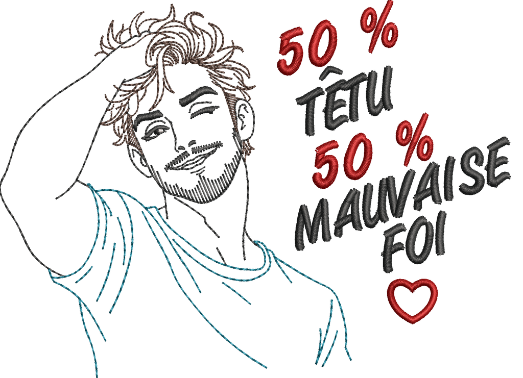 50 % Têtu 50 % Mauvaise Foi – homme souriant et malicieux – motif de broderie machine humour disponible en 10x10 et 15x15