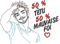 50 % Têtu 50 % Mauvaise Foi – homme souriant et malicieux – motif de broderie machine humour disponible en 10x10 et 15x15