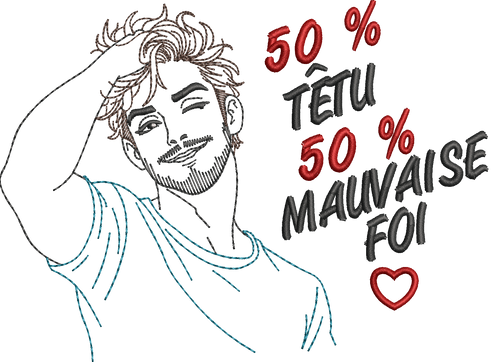 50 % Têtu 50 % Mauvaise Foi – homme souriant et malicieux – motif de broderie machine humour disponible en 10x10 et 15x15