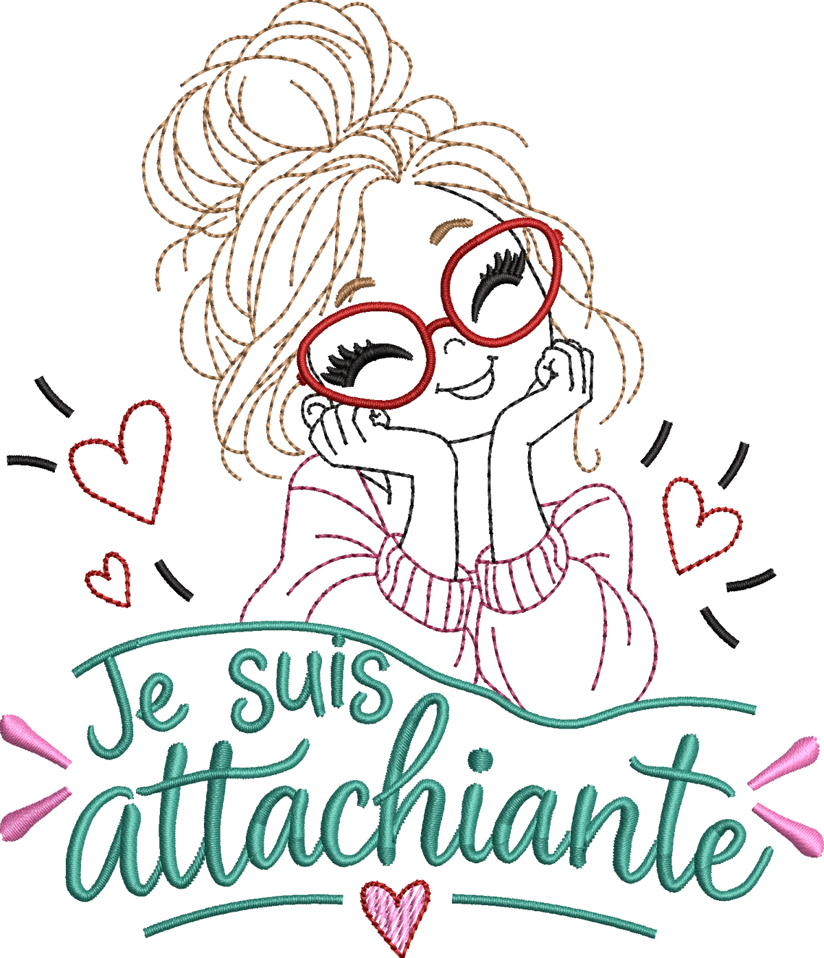 Je suis Attachiante – femme avec chignon, grandes lunettes rouges et petits cœurs – motif de broderie machine humour