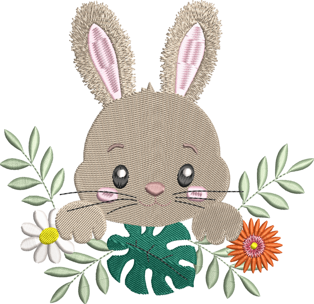 Lapin Fleuri entouré de fleurs et feuillages – motif de broderie machine disponible en 3 tailles