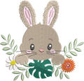 Lapin Fleuri entouré de fleurs et feuillages – motif de broderie machine disponible en 3 tailles
