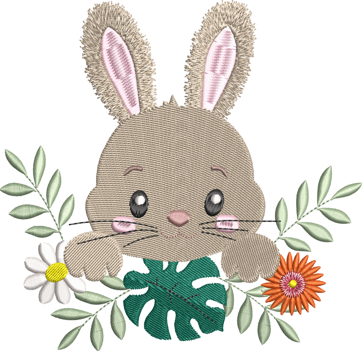 Lapin Fleuri entouré de fleurs et feuillages – motif de broderie machine disponible en 3 tailles